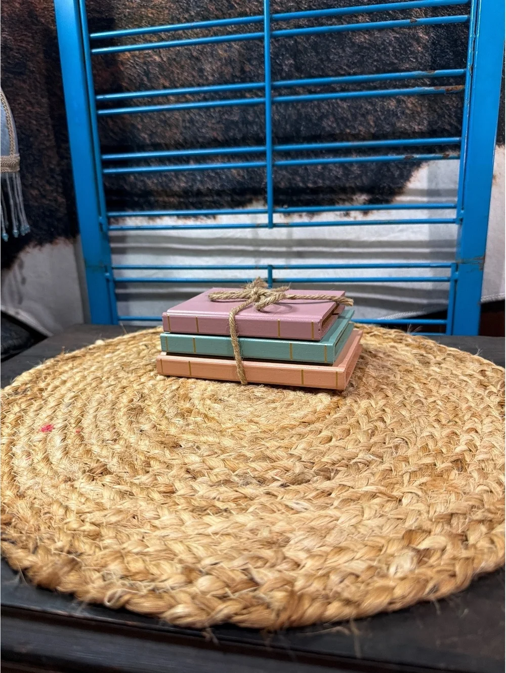 Set of 3 Decorative Wooden Books with Rope Tie in Pastel Colors